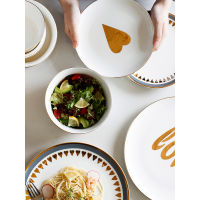 6.5 inch 845ml ceramic soup bowls gold line heart on glazed printed porcelain ramen bowl 10.5inch 8 inch round creative plates