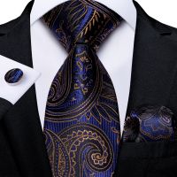 2022 New Arrival Blue Black Gold Paisley Silk Ties For Men 8cm Wide Necktie Handkerchief Wedding Accessories Gift For Men