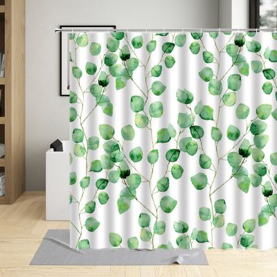 Green Leaves Plant Shower Curtain Round Leaf Hand Painted Painting Background Home Bathroom With Hook Waterproof Washable Fabric