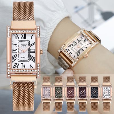 【July】 Explosive European-style light luxury square diamond-encrusted womens watch retro style Roman scale fashion casual personality ladies