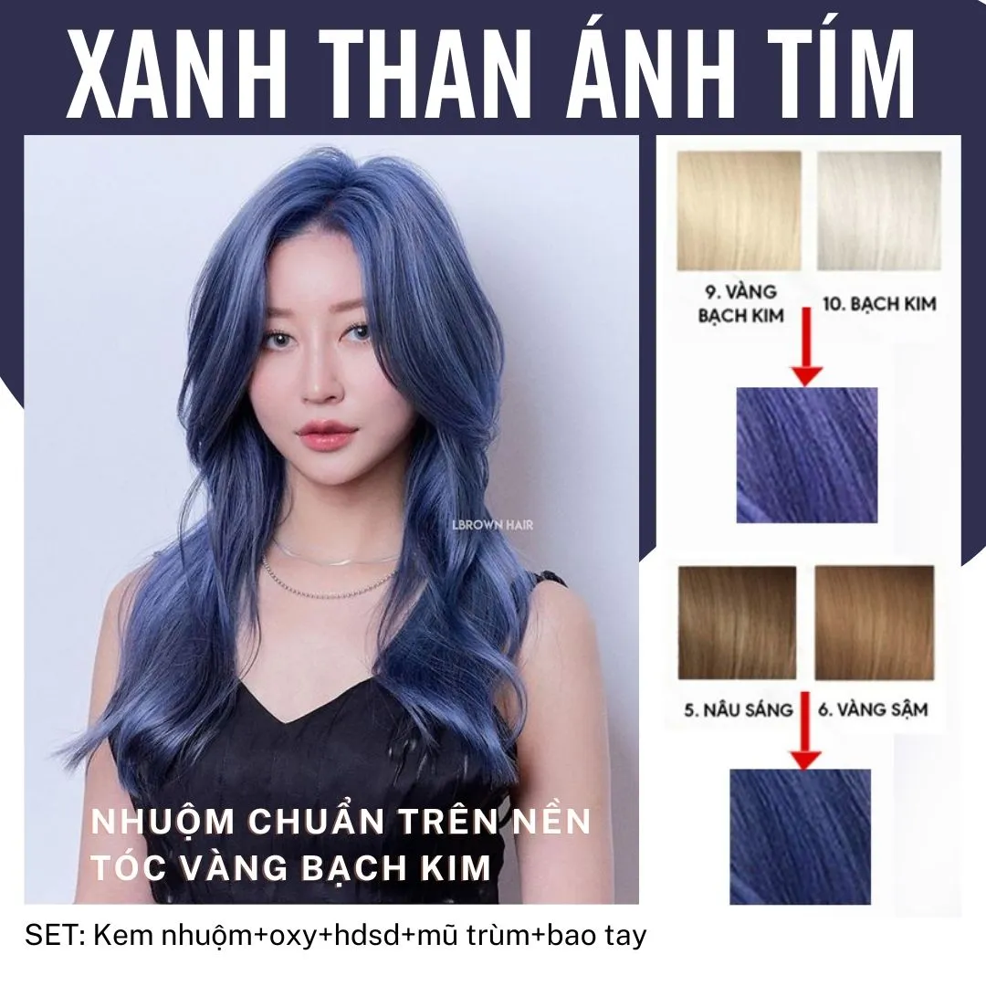 Nhuộm tóc màu xanh than ánh tím là xu hướng nổi bật của năm nay. Sắc màu tím than trộn lẫn với xanh than sẽ mang lại cho bạn một kiểu tóc độc đáo và đầy phong cách.