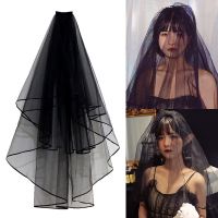 ；【‘；- Woman Black Wedding Veil With Rion Edge Short Bridal Veils With Comb Wedding Accessory