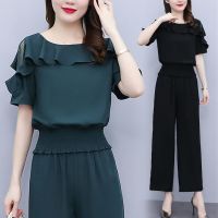 【DT】hot！ Womens 2022 New Girdle Openwork Off-the-shoulder Short Sleeve Wide Leg Pants Piece Set Clothing