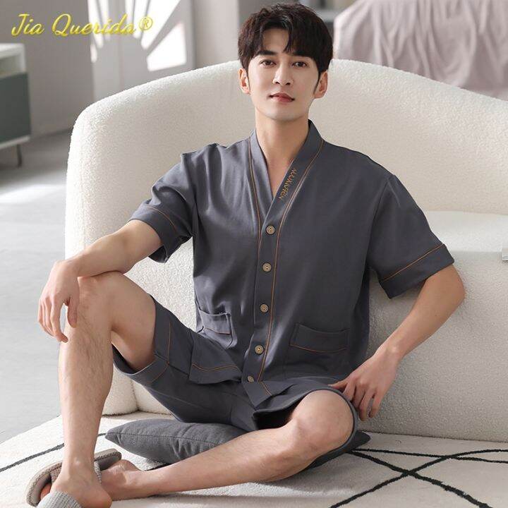 sukae-men-nightwear-home-clothing-summer-shorts-two-pieces-cotton-big-size-3xl-4xl-pajama-v-neck-japanese-kimono-pjs-sleepwear