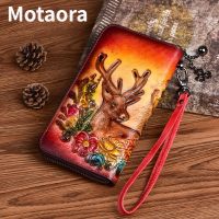 MOTAORA Vintage Women Long Wallets Deer Pattern Bag 2023 Genuine Leather Handmade Embossing Ladies Wallet Phone Bags Woman Purse Wallets