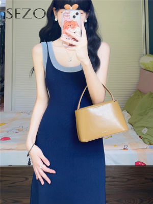 SEZO เสื้อผ้าแฟชั่นผู้หญิงแบบเกาหลีแขนกุดคอกลมถักสีฟ้าเซ็กซี่สำหรับ Y2k เอี๊ยมกระโปรง