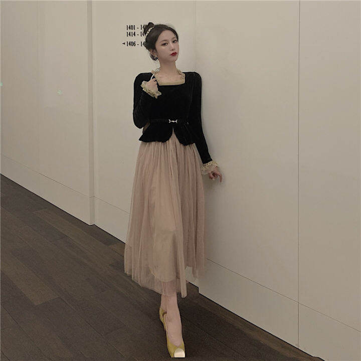 vintage-long-sleeve-square-collar-shirts-black-velvet-coat-top-belt-slim-big-swing-high-waist-mesh-skirt-fashion-korean-chic