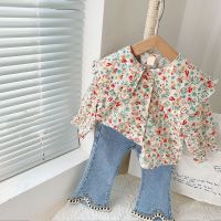 Autumn New Girls Clothing Sets Cute Floral Lapel Shirt +Flared Jeans Fashion Kids Outfit Spring Children Clothes Girls Suit