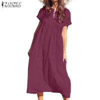 COD DSFGRDGHHHHH ZANZEA Women Casual Solid Cotton Short Sleeve Loose Waist Beach Swing Mini Dress