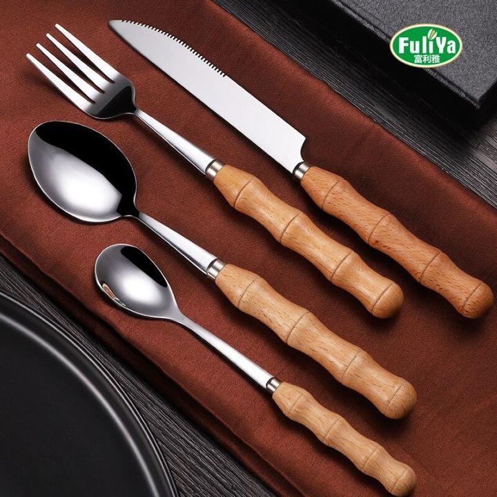 4pcs-stainless-steel-tableware-set-wood-handle-dinnerware-set-fork-spoon-teaspoon-cutlery-set-flatware-sets-cutlery-set