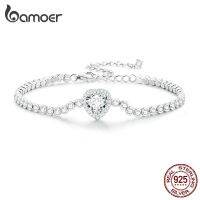 BAMOER สร้อยข้อมือเซอร์โคเนียสี่เหลี่ยมแวววาวสีเงิน925เรียบสำหรับผู้หญิง