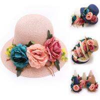 Women Flowers Straw Hat Outdoor Sun Sunscreen Collapsible Beach Hat MZ015