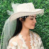 Bride Cowgirl Hat and Veil Wedding Decorations Cowboy Hat Rhinestones Fringe Hair Accessories