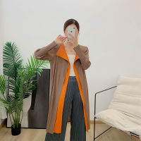 Pleated Womens Double-Layer Contrast Color Windbreaker Long Sleeve Pleated Loose Slimming Mid-Length Jacket Ys22293