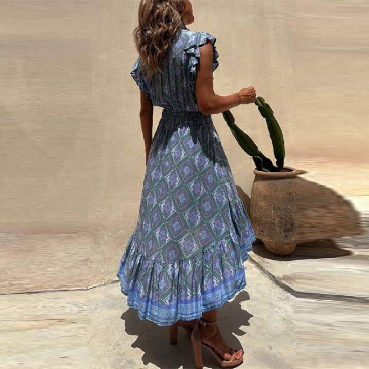 hot-flying-sleeves-ruffle-dresses-printed-beach-2023-fashion-deep-v-up-pleated