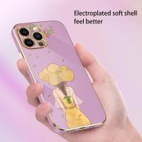 เคสสำหรับไอโฟน11 Pro Max 12 Pro Max 13 Pro Max 14 Pro Max 14 Plus 13 12 Mini XS Max XS XR X หรูหราบางเฉียบเคสโทรศัพท์ชุบลายการ์ตูนน่ารักรูปเด็กผู้หญิงซิลิโคนรูปสี่เหลี่ยมฝาหลังสำหรับผู้หญิงพร้อมฟรีสายคล้อง