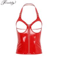 【LZ】❁  Steampunk Patent Leather Bustier Top de colheita feminino Halter sexy sutiã aberto zíper frontal espartilho sem encosto boate colete noturno Rave