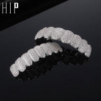 Hip Hop Full CZ Stones Teeth Grillz Caps Cubic Zircon Iced Out Micro Pave Top&amp;Bottom Charm Grills Set For Men Women Jewelry Gift