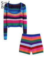 SheBlingBling 2022 Spring Women Casual Traf Sweater Suits Hollow Out Rainbow Stripes Knit Slim Crop Tops + Shorts 2 Piece Sets