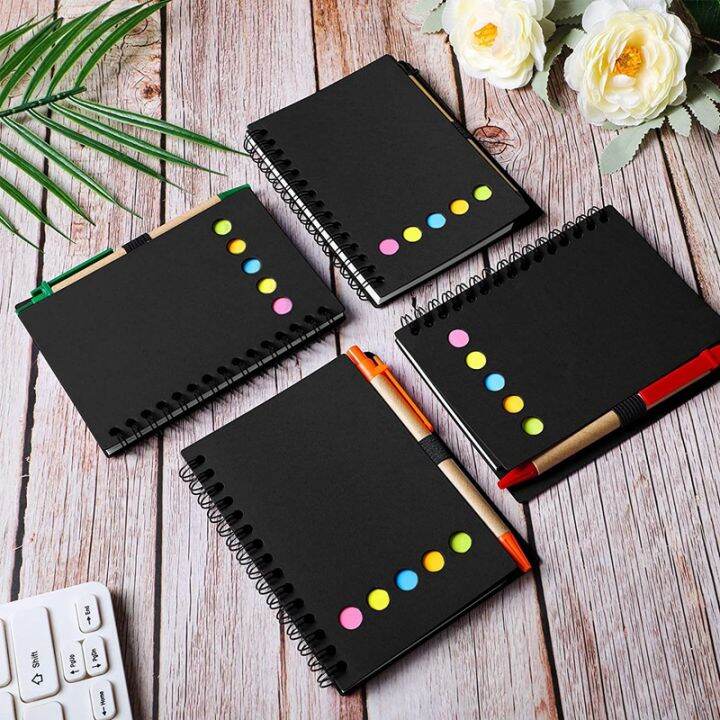 pack-of-8-lined-spiral-notebook-kraft-cover-notepad-notepad-with-pen-in-stand-page-markers-sticky-notes-color-index-tabs