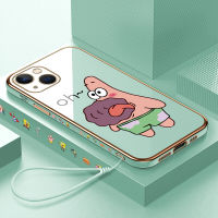 เคสสำหรับ Apple โทรศัพท์ iPhone 15 Plus 15 Pro 15 Pro Max ฟรีสายคล้องลายการ์ตูนปลาดาวแพททริกขอบสี่เหลี่ยมเคสโทรศัพท์ชุบหรูหราชุบเคสโทรศัพท์นิ่ม