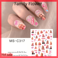 Family Flower Flash Sale สติกเกอร์ตกแต่งเล็บการ์ตูนเจ้าหญิงบาร์บี้บางพิเศษตัวการ์ตูนเคลื่อนไหวได้เล็บที่ฉีกขาดได้สำหรับตกแต่งเล็บแบบ DIY