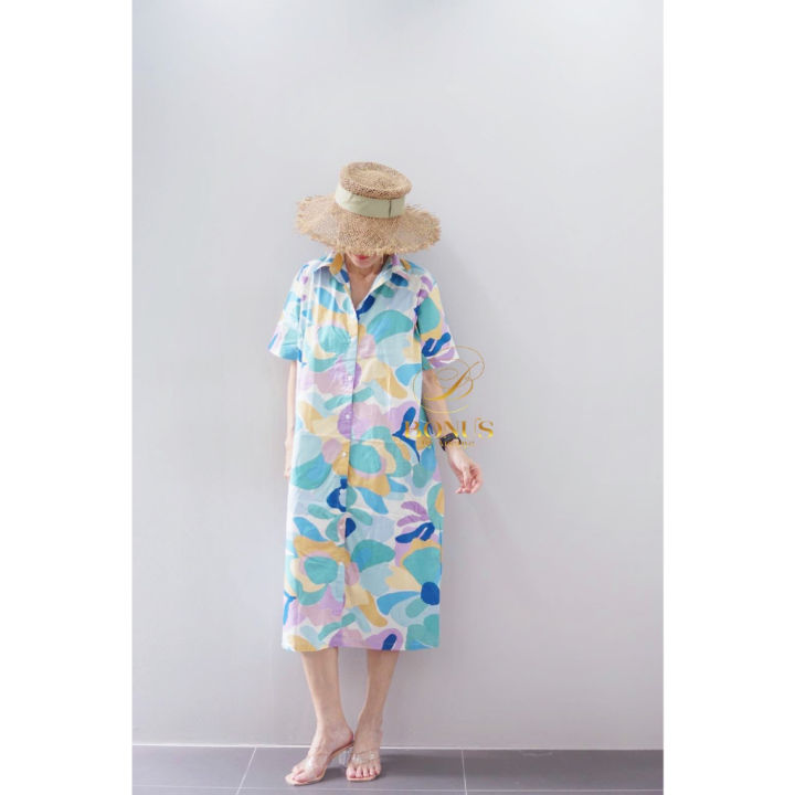 ชุดเดรสคอปกเชิ้ตผ้าคอตตอนญี่ปุ่น-100-พิมพ์ลาย-ดีไซด์ทรงสวยผ่าข้าง-ผ้าเนื้อนิ่มใส่สบายมากเลยค่ะ-สวยหรู-ดูดี