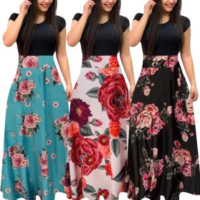 Large Swing Maxi Dress Women Clothing Spring/Autumn Short Sleeve Floral Printed Patchwork Prom Casual Elegant Party Dress