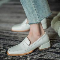 Loafers shoes womens 2020 new spring and autumn square toe soft leather one-pedal loafers deep mouth mid-heel thick heel all-match single shoes women