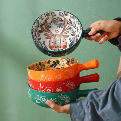 Ceramic Bowl Creative Single Handle Noodle Bowl Forest Animal Design Large Restaurant Household Flower Bowls Home Decoration