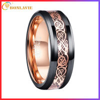 BONLAVIE Mens 8MM Black and Rose Gold Celtic Dragon Tungsten Carbide Ring Polished Finish Beveled Edge Size 7 to 14