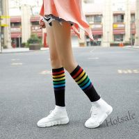 【hot sale】●◙ D19 Women Rainbow Knee Cotton Socks Korea Long Thigh Striped Stockings Long Striped Socks Sexy Students Over Knee High Socks Medias