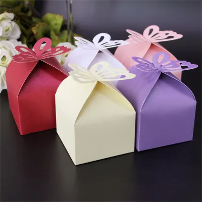 Candy Box With Pearl Paper Gift Boxes For Events Party Candy Biscuit Small Gift Box Event Party Supplies Solid Color Butterfly Candy Box