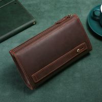 ZZOOI New Large Wallet Genuine Leather Men Clutch Business Long Purses Double Zipper Large Capacity Wallet Passport Phone Bag for Male