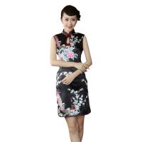 2021Women Chinese Traditional Dress Sleeveless Peacock Print Side Slitting Hem Cheongsam Mini Dress Womens Clothing Femme Qipao