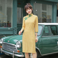 【CW】10 Color New Sweet Plaid Slim Chinese Traditional Qipao Dress for Womens Girl Sexy Split Fork Slim Mid-length Cheongsam Dresses