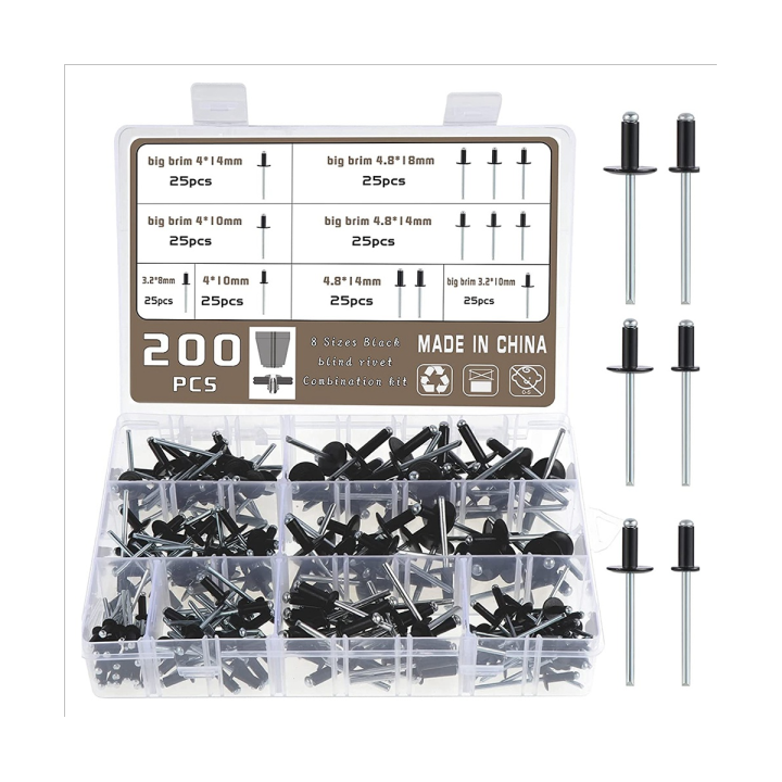 200 Pcs Metal 3.24.8 Black Rivets Black Rivet Blind Holes Standard and