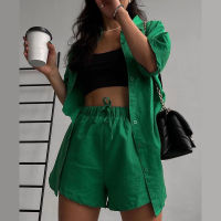 Womens 34 Sleeve Short Tracksuit Two Piece Suit Oversized Loose Shirt Elastic Waist Drawstring Shorts  Summer Lady Sets