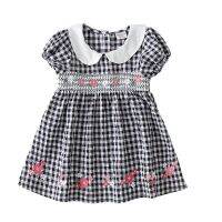 Cute Baby Girls Plaid Smocked Dresses 2022 Summer New Korean Style Cotton Embroidery Floral Toddler Kids Princess Party Dress 6Y