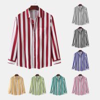 LASGO 2022 Amazon European and American mens long-sleeved lapel striped shirt loose casual shirt mens large size shirt