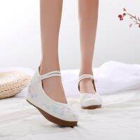 Veowalk Chinese Flower Embroidered Women Cotton Fabric Platforms Shoes Comfortable Instep Strap Walking Shoes for Elegant Ladies