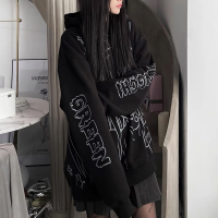 HOUZHOU Gothic Anime Hoodies ผู้หญิง Mall Goth Grunge ฤดูใบไม้ร่วงฤดูหนาวแขนยาวขนาดใหญ่ Hoodie ญี่ปุ่น Harajuku Streetwear