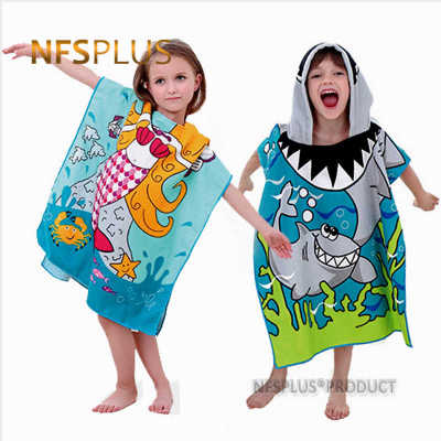 Kids Hooded Bath Towel Poncho Bathrobe For Children Shark Mermaid Princess Gold Digger Diver Quick Dry Microfiber Beach Towel