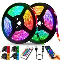 แถบไฟ LED ไลท์5M/10M/20M RGB 5050บลูทูธ USB การควบคุม IR ไดโอดโคมไฟแบบยืดหยุ่นเทปสีรุ้งเอฟเฟกต์ไฟแบ็คกราวด์ DC12V