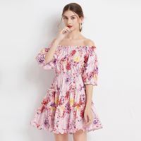 Women Dress Spot Real  Elegant Short Sleeve  Vintage Printed Off The Shoulder Pink Midi Dress