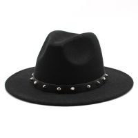 [Hana Clothing Store] ฤดูหนาวผู้หญิงผู้ชายขนสัตว์ Fedora หมวก Punk Rivet ริบบิ้น Elegant Lady ฤดูหนาวฤดูใบไม้ร่วงกว้าง Brim Jazz Church Godfather Sombrero หมวก