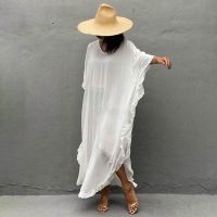 Women Solid Color Cover Up Beach Outfits Bathing Suit V Neck Batwing Sleeve Plus Size Beach Kaftan Maxi Dresses