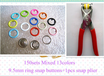 10 Colour 9.5mm 150 Metal Prong Ring Snap Fasteners Press Studs Kit Pliers