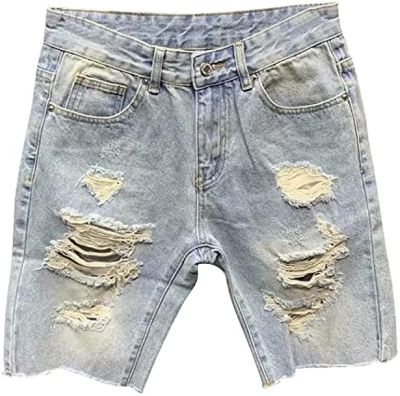 Mens Fashion Ripped Short Jeans Distress Frayed Cut Off Slim Fit Denim Shorts Casual Straight Breathable Jean Short-Pant