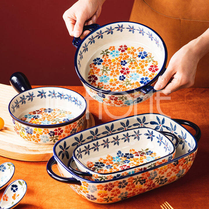 【Wholesale】bohemia Ceramic Dinnerware Set Baking Plate Bowl Set Rectangle Bowl with Handle